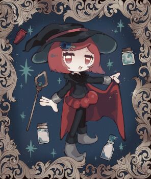 Rule 34 | 1girl, black hat, black jacket, black pants, cape, cape lift, chibi, chibi only, commentary request, danganronpa (series), danganronpa v3: killing harmony, eyelashes, full body, grey shoes, hair ornament, hashtag-only commentary, hat, highres, jacket, jar, jitome, kara aren, long sleeves, open mouth, pants, red cape, red eyes, red hair, red skirt, shoes, short hair, skirt, solo, staff, standing, vase, witch hat, yumeno himiko