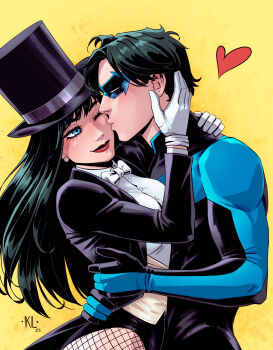 1boy 1girl batman_(series) black_hair blue_eyes commission dc_comics dick_grayson eye_mask hat highres kath_lobo kiss kissing_cheek long_hair mask multicolored_bodysuit nightwing shirt striped_clothes striped_shirt superhero_costume two-tone_bodysuit zatanna_zatara