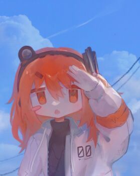 1girl a.i._voice adachi_rei arm_up black_shirt blush_stickers chibi cloud coat day hair_ornament headphones highres kumiko_11 long_hair long_sleeves open_clothes open_coat open_mouth orange_eyes orange_hair outdoors shirt solo upper_body utau white_coat