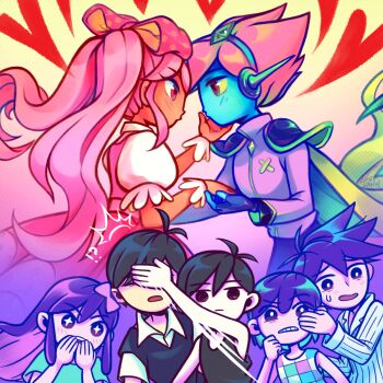 +_+ 2girls 5boys antenna_hair aubrey_(headspace)_(omori) aubrey_(omori) black_eyes black_hair black_sweater_vest black_tank_top blue_gloves blue_shirt blue_skin blush bow bright_pupils brothers cape captain_spaceboy clenched_teeth closed_mouth collared_shirt colored_sclera colored_skin covering_another&#039;s_eyes dark-skinned_female dark_skin double-parted_bangs dual_persona fingerless_gloves gloves green_cape hair_between_eyes hair_bow heart hero_(headspace)_(omori) hero_(omori) highres imminent_kiss kel_(headspace)_(omori) kel_(omori) laser-lance long_hair long_sleeves looking_at_another mari_(headspace)_(omori) mari_(omori) multiple_boys multiple_girls omori omori_(omori) open_mouth pajamas parted_lips pink_bow pink_eyes pink_hair polka_dot polka_dot_bow puckered_lips purple_eyes purple_hair red_eyes shirt short_hair short_sleeves siblings smile striped_clothes striped_pajamas sunny_(omori) sweatdrop sweater_vest sweetheart_(omori) t-shirt tank_top teeth twintails upper_teeth_only vertical-striped_clothes vertical-striped_pajamas white_pupils white_shirt white_skin yellow_sclera