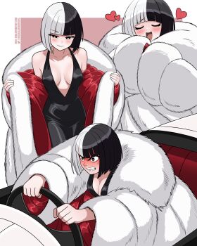 101_dalmatians absurdres anger_vein angry bare_shoulders black_dress black_eyes black_hair breasts car car_seat closed_eyes coat cruella_de_vil disney dress driving fur_coat half-closed_eyes happy heart highres holding holding_coat holding_unworn_clothes motor_vehicle multicolored_hair multiple_expressions nico-neko off_shoulder open_clothes open_coat open_mouth satin smile smug steering_wheel two-tone_hair unworn_coat white_car white_hair