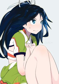 Rule 34 | 1girl, bare legs, black hair, blue eyes, blue hair, blush, closed mouth, commentary request, hair ribbon, japanese clothes, kantai collection, katsuragi (kancolle), long hair, multicolored hair, ponytail, ribbon, short sleeves, signature, simple background, sitting, sohin, solo, sweat, wavy mouth