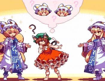 3girls ? alternate_costume animal_ears animated animated_gif blonde_hair breasts brown_eyes brown_hair cat_ears cat_tail chen closed_mouth confused cosplay doppelganger dress earrings fox_tail frilled_dress frills hat jewelry large_breasts long_hair long_sleeves looking_at_another migel_futoshi mob_cap multiple_girls multiple_tails nekomata ofuda outstretched_arms pixel_art red_dress shirt short_hair single_earring smile sparkle speech_bubble standing tabard tail thought_bubble touhou two_tails white_footwear white_shirt yakumo_ran yakumo_ran_(cosplay) yakumo_yukari yellow_eyes