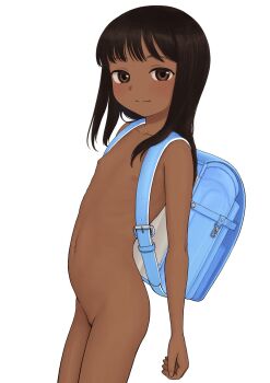 1girl arm_at_side arms_at_sides backpack bag black_hair blue_bag blush brown_eyes cleft_of_venus closed_mouth collarbone commentary_request completely_nude cowboy_shot dark-skinned_female dark_skin eyebrows female_focus flat_chest from_side highres loli looking_at_viewer looking_to_the_side medium_hair naked_randoseru navel nipples nude omodaka_(nitera1041) original pussy randoseru simple_background skinny smile solo standing uncensored white_background