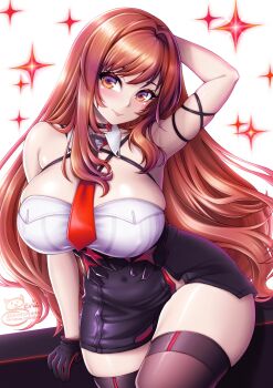 1girl arm_behind_head blush bow bowtie breasts brown_eyes brown_hair choker curvy gloves goddess_of_victory:_nikke groin highres huge_breasts long_hair looking_at_viewer rapi_(nikke) sevie skindentation skirt smile solo star_(symbol) strap thick_thighs thighhighs thighs wide_hips