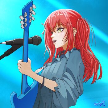 1girl aged_up blue_background blue_choker blue_dress bocchi_the_rock! cable_tie choker commentary dress electric_guitar green_eyes guitar guitar_strap hair_between_eyes highres holding holding_guitar holding_instrument instrument kita_ikuyo long_hair microphone one_side_up open_mouth red_hair ribbon_choker sidelocks solo teeth three-quarter_sleeves tomoyaku upper_teeth_only