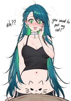 1girl :3 :d black_pants blush body_writing breasts clitoral_hood clothes_pull colored_inner_hair commentary cowboy_shot do_you_want_to_pet_my_cat_(meme) english_commentary english_text eyelashes green_eyes hand_on_own_cheek hand_on_own_face hand_up highres large_breasts long_hair mole mole_on_arm mole_on_breast mole_on_thigh multicolored_hair navel nose_blush open_mouth original paid_reward_available pants pants_pull patreon_username pussy qiandaiyiyu rin_(qiandaiyiyu) silver_choker simple_background smile solo standing two-tone_hair watermark web_address white_background wide-eyed