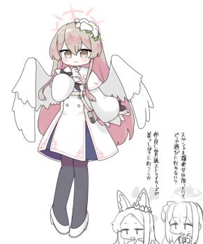 3girls animal_ear_fluff animal_ears black_pantyhose blue_archive blush_stickers brown_eyes brown_hair capelet chibi closed_mouth dress flower forehead fox_ears hair_flower hair_ornament halo high_heels long_hair long_sleeves mika_(blue_archive) miranofuudoria multiple_girls nagisa_(blue_archive) pantyhose parted_bangs parted_lips puffy_long_sleeves puffy_sleeves seia_(blue_archive) shoes simple_background sleeves_past_wrists smile solo_focus standing translation_request very_long_hair white_background white_capelet white_dress white_flower white_shoes white_wings wings