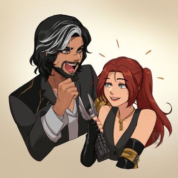 1boy 1girl beard black_dress black_gloves black_hair black_jacket blue_eyes body_freckles caminukai clair_obscur:_expedition_33 collarbone commentary cropped_torso dark_skin dress elbow_gloves english_commentary facial_hair facial_scar fingerless_gloves formal_clothes freckles gloves grey_eyes grey_shirt grey_streaks hand_up happy highres holding holding_trophy jacket jewelry lapels long_hair looking_at_another maelle_(clair_obscur:_expedition_33) multicolored_hair necklace notched_lapels open_mouth parted_bangs ponytail red_hair scar scar_across_eye scar_on_cheek scar_on_face scar_on_neck scar_on_nose shirt short_hair shoulder_freckles sidelocks simple_background smile streaked_hair suit teeth the_game_awards trophy upper_body verso_(clair_obscur:_expedition_33) watermark