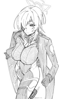 1girl black_bodysuit blue_archive bodysuit breasts coat cosplay eyepatch gloves greyscale halo highres large_breasts looking_down monochrome nagomu_7_56 rio_(blue_archive) rio_(blue_archive)_(cosplay) suou_(blue_archive) trench_coat