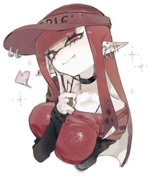 1girl arm_between_breasts between_breasts black_choker black_hair black_sleeves blunt_bangs blunt_ends breasts choker closed_mouth commentary_request cropped_torso ear_piercing earrings fang finger_to_cheek gradient_hair heart inkling inkling_girl inkling_player_character jewelry large_breasts layered_sleeves long_hair long_pointy_ears long_sleeves looking_at_viewer multicolored_hair nintendo pale_skin piercing pointy_ears red_eyes red_hair red_shirt ring shirt short_over_long_sleeves short_sleeves simple_background sleeves_past_wrists slit_pupils solo sparkle splatoon_(series) stud_earrings tentacle_hair togetoge very_long_hair visor_cap white_background