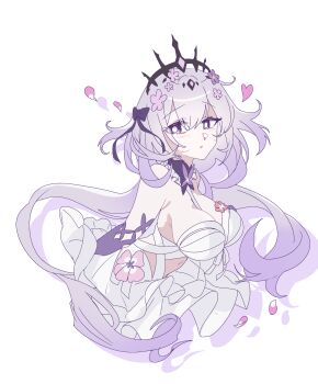 1girl absurdres black_tiara breasts bright_pupils castorice_(honkai:_star_rail) commentary_request dress highres honkai:_star_rail honkai_(series) korean_commentary long_hair pointy_ears purple_hair simple_background solo tiara toad40215417 upper_body white_background white_dress white_pupils