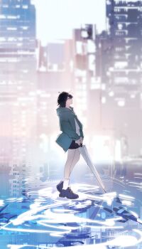 1girl absurdres bang_dream! bang_dream!_it&#039;s_mygo!!!!! black_shoes blue_jacket brown_eyes grey_hair hibioes highres holding holding_weapon hood hood_down hooded_jacket jacket long_sleeves shoes short_hair socks solo standing takamatsu_tomori weapon white_socks