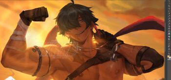 1boy ahoge arm_up art_program_in_frame bandaged_arm bandages bicep_strap biceps black_gloves clenched_hands commentary commission dog_tags earrings elbow_pads english_commentary gloves green_eyes green_hair hair_over_one_eye head_tilt highres holding holding_unworn_clothes holding_unworn_scarf jewelry lighter_(zenless_zone_zero) looking_at_viewer male_focus multiple_scars necklace nipples open_mouth pikwat red_pupils red_scarf scar scar_on_arm scar_on_chest scarf single_earring sky solo sunlight unworn_scarf watermark yellow_sky zenless_zone_zero