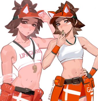 1girl absurdres adjusting_clothes adjusting_headwear blowing_whistle blush breasts brown_eyes brown_hair collarbone crop_top hand_on_own_hip hat highres holding holding_whistle kiriko_(lifegaurd)_(overwatch) kiriko_(overwatch) lifeguard lifeguard_kiriko looking_at_viewer medium_hair navel overwatch overwatch_2 red_hat red_shorts shirt shorts small_breasts standing sweat visor_cap whistle whistle_around_neck white_background white_shirt yshua