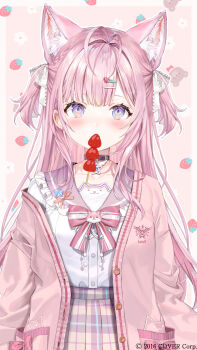 1girl animal_ear_fluff antenna_hair blush commentary_request copyright_notice food food_in_mouth fruit hair_ornament hair_ribbon hairclip hakui_koyori highres hololive jacket long_hair momoko_(momopoco) open_clothes open_jacket pink_hair pink_jacket plaid_clothes plaid_skirt purple_eyes ribbon second-party_source shirt skirt solo strawberry virtual_youtuber white_ribbon white_shirt