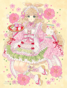 Rule 34 | 1girl, animal ears, cherry blossoms, commentary request, cup, dango, dress, food, frilled dress, frilled socks, frills, full body, geta, green dress, green eyes, highres, hisakata (hisa nn), holding, holding menu, holding tray, kimono dress, long hair, looking at viewer, menu, original, pink dress, rabbit ears, rabbit girl, sanshoku dango, socks, solo, tabi, tray, two-tone dress, wagashi, waitress, wavy hair
