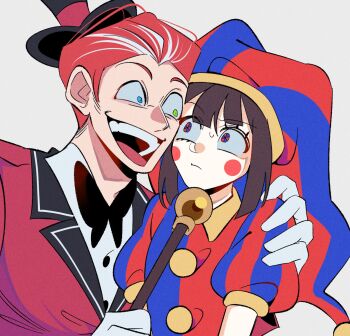 Rule 34 | 1boy, 1girl, arm around shoulder, black bow, black bowtie, black hair, blue eyes, blue hat, blush stickers, bow, bowtie, caine (the amazing digital circus), cane, gloves, green eyes, hat, heterochromia, highres, holding, holding cane, humanization, jacket, multicolored eyes, open mouth, pomni (the amazing digital circus), red hair, red hat, red jacket, short hair, smile, the amazing digital circus, two-tone eyes, two-tone hat, white gloves, yp katelove
