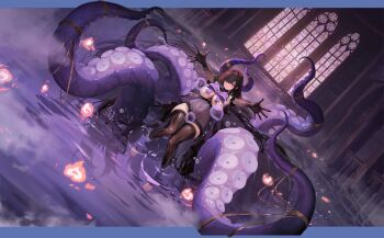 1girl azur_lane black_collar black_gloves black_hair black_nightgown black_thighhighs bow bow_bra bra breasts chest_bow collar covered_navel elbow_gloves frilled_nightgown full_body gloves highres large_breasts long_hair looking_at_viewer lying multicolored_hair nail_polish nightgown non-web_source official_alternate_costume official_art outstretched_arms parted_lips partially_submerged pink_eyes pink_hair purple_bow purple_nails queen_anne&#039;s_revenge_(azur_lane) queen_anne&#039;s_revenge_(call_of_the_creeping_embrace)_(azur_lane) reaching reaching_towards_viewer see-through_clothes see-through_nightgown solo streaked_hair tentacles thighhighs toeless_legwear toenail_polish toenails underwear very_long_hair wet wet_clothes wet_thighhighs