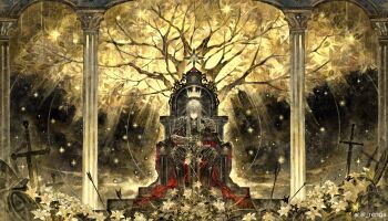 1boy absurdres arch armor armored_boots arrow_(projectile) black_cape blonde_hair boots cape chain closed_eyes closed_mouth crown field_of_blades floating_crown flower full_body gauntlets glowing glowing_crown gold_crown greatsword hair_between_eyes hair_over_shoulder halo highres holding holding_sword holding_weapon incredibly_absurdres leaf light_rays long_hair love_and_deepspace male_focus octagram pauldrons pillar planted planted_sword planted_weapon renga_(artist) shoulder_armor sitting sitting_on_throne solo sparkle straight-on sword throne tree watermark weapon weibo_watermark white_flower xavier_(love_and_deepspace)