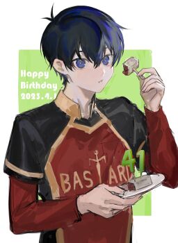Rule 34 | 2023, ahoge, bastard munchen soccer uniform, black hair, blue eyes, blue lock, cake, cake slice, candle, clothes writing, collar, commentary request, eating, food, fork, green background, happy birthday, highres, holding, holding plate, isagi yoichi, long sleeves, looking at viewer, male focus, number candle, plate, short hair, short sleeves, simple background, soccer uniform, solo, solo focus, sportswear, white background, ysokzo