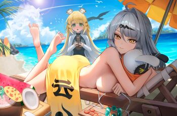 2girls ahoge alternate_costume animal_ear_fluff armpit_crease ass bangboo_(zenless_zone_zero) barefoot beach blonde_hair blue_sky bottle breast_press breasts closed_mouth coconut_cup colored_inner_hair commentary day drinking_straw eous_(zenless_zone_zero) feet flying_sweatdrops food fruit grey_hair highres holding holding_bottle ju_fufu large_breasts long_hair looking_at_viewer lotion lying multicolored_hair multiple_girls nude ocean on_stomach orange_eyes outdoors sand shore single_hair_intake sky smile sunscreen the_pose thighs toes watermelon white_hair yixuan_(zenless_zone_zero) yuridango zenless_zone_zero