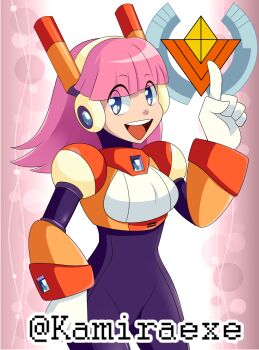 1girl android blue_eyes fembot highres kamira-exe long_hair mega_man_(series) mega_man_maverick_hunter_x mega_man_x_(series) minerva_(mega_man) pink_hair smile