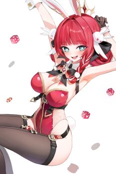 1girl absurdres animal_ears armpits arms_up bare_shoulders black_survival blue_eyes blunt_bangs bow bowtie braid breasts brown_gloves brown_thighhighs chest_harness cleavage commentary detached_collar dice double_bun eternal_return:_black_survival fake_tail gloves hair_bow hair_bun harness heart highleg highleg_leotard highres justyna_(black_survival) large_breasts leotard long_hair looking_at_viewer multicolored_hair open_mouth playboy_bunny rabbit_ears rabbit_tail red_hair red_leotard see-through_clothes see-through_leotard simple_background single_braid smile solo sparkling_eyes strapless strapless_leotard streaked_hair tail takealook thighhighs white_background wrist_cuffs