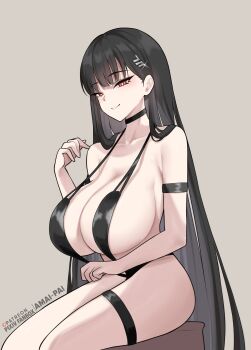 Rule 34 | 1girl, absurdres, amai-pai, black choker, black hair, black slingshot swimsuit, blue archive, breasts, choker, commentary request, grey background, highres, huge breasts, long hair, patreon username, red eyes, rio (blue archive), sideboob, simple background, sitting, slingshot swimsuit, smile, solo, swimsuit, thigh strap, very long hair