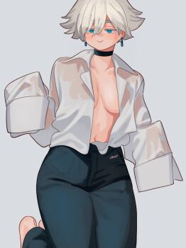 1girl barefoot black_choker black_pants blue_eyes boynton-chan_(ryusei_hashida) breasts center_opening choker collarbone commentary earrings grey_background highres jewelry kneeling navel open_clothes open_shirt original pants ryusei_hashida signature simple_background sleeves_past_fingers sleeves_past_wrists solo white_hair