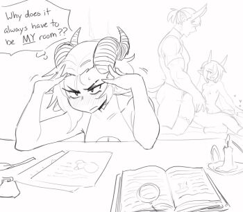 1boy 3girls annoyed blush book breasts candle closed_mouth commentary demon_boy demon_girl dress english_commentary english_text frown greyscale highres horns large_breasts li_(rob_ishi) monochrome multiple_girls muscular muscular_male nelu_(rob_ishi) open_book original rae_(rob_ishi) rob_ishi sex shirt short_sleeves speech_bubble thought_bubble