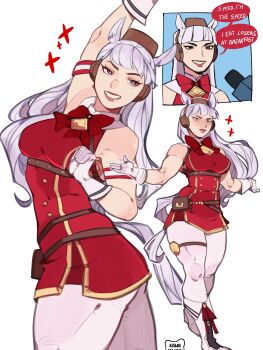 1girl animal_ears arm_up armband bare_arms bare_shoulders belt_pouch blunt_bangs boots breasts brown_hat buttons chest_harness clenched_hand closed_mouth clothing_cutout collar commentary cowboy_shot double-breasted dress ear_covers english_text full_body gloves gold_buttons gold_ship_(red_strife)_(umamusume) gold_ship_(umamusume) gold_trim grin halter_dress halterneck hand_up harness hat high_collar high_heel_boots high_heels highres horse_ears horse_girl horse_tail interview kamii_momoru large_breasts long_hair looking_ahead microphone multiple_views muscular muscular_female nose o-ring o-ring_harness open_hands outstretched_arms pale_skin pantyhose pillbox_hat pink_lips pouch purple_eyes raised_eyebrows red_armband red_dress red_ribbon ribbon short_dress signature simple_background sleeveless sleeveless_dress smile smug sparkle speech_bubble square standing tail tail_through_clothes teeth thick_thighs thigh_strap thighs umamusume v-shaped_eyebrows white_background white_boots white_collar white_gloves white_hair white_pantyhose white_tail