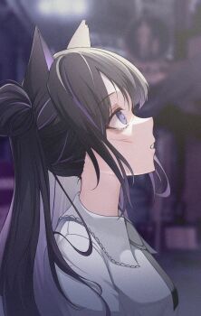 1girl absurdres black_hair blurry blurry_background collared_shirt colored_inner_hair commentary depth_of_field from_side grey_hair hair_bun highres injury kurohikage long_hair looking_up multicolored_hair original parted_lips profile purple_hair shirt single_hair_bun solo streaked_hair upper_body white_shirt