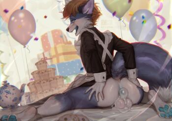 1boy :d after_anal aftersex animal_ears balloon black_dress blue_fur body_fur box brown_hair commentary commission crossdressing crossdressing_(mtf) cum cum_in_ass dress english_commentary food fox_boy fox_ears fox_tail furry furry_male gift gift_box highres long_sleeves maid male_maid muffin open_mouth original pita-potato sharp_teeth short_hair sitting smile solo tail teeth watermark white_fur