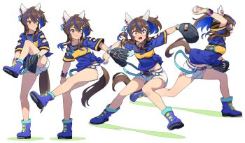1girl absurdres animal_ears ball baseball baseball_glove bead_bracelet beads belt blue_footwear blue_hair blue_shirt boots bracelet breasts brown_hair closed_mouth clothing_cutout colored_inner_hair constricted_pupils cutoffs daitaku_helios_(fun_fun_party_night)_(umamusume) daitaku_helios_(umamusume) ear_covers fang full_body hair_ornament hairclip highres holding holding_ball horse_ears horse_girl jewelry long_hair looking_afar midriff_peek motion_blur multicolored_hair multiple_views necklace nishiki_kazue open_mouth parted_lips pitching sequential shadow shirt short_shorts short_sleeves shorts side_ponytail small_breasts smile standing standing_on_one_leg streaked_hair tied_shirt umamusume v-shaped_eyebrows white_background white_shorts wristband yellow_eyes