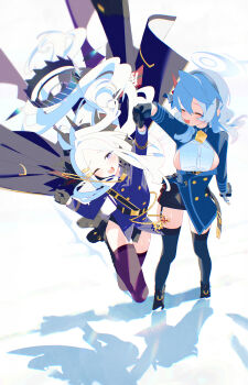 2girls absurdres ako_(blue_archive) bell belt black_belt black_horns blazer blue_archive blue_collar blue_eyes blue_hair blue_hairband blue_halo bm_tol boots breasts coat coat_on_shoulders collar commentary cowbell cuffs demon_girl demon_horns demon_wings forehead garter_straps gloves grey_hair hair_ornament hairband halo highres hina_(blue_archive) holding_hands holster horns jacket jumping large_breasts long_coat multiple_girls neck_bell open_mouth parted_bangs prefect_team_(blue_archive) purple_eyes purple_halo shackles sideboob sideless_dress sideless_outfit sideless_shirt simple_background smile snow thighhighs wings