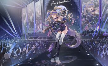 1girl absurdres airi_kanna bare_shoulders belt_boots black_boots blue_hair boots brown_hair closed_eyes commentary_request concert dainillust glowstick highres long_hair multicolored_hair music open_mouth pink_hair singing smile solo_focus stage stage_lights stellive tail thighhighs twintails very_long_hair white_thighhighs