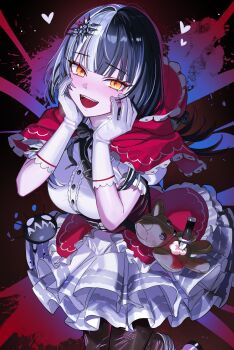 1girl black_hair black_pantyhose blunt_bangs blush breasts capelet commentary dress frilled_dress frills gloves grey_hair hands_up highres hololive hololive_english hood hooded_capelet large_breasts layered_dress long_hair looking_at_viewer multicolored_hair open_mouth pantyhose puffy_short_sleeves puffy_sleeves red_capelet shiori_novella short_sleeves solo split-color_hair symbol-only_commentary teeth torn_clothes torn_pantyhose two-tone_hair virtual_youtuber white_dress white_gloves yellow_eyes yomosaka yorick_(shiori_novella)