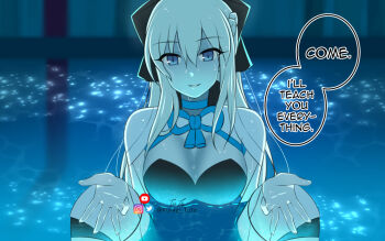 1girl black_ribbon blue_choker blue_eyes breasts chainsaw_man choker cleavage commentary english_commentary english_text fate/grand_order fate_(series) grey_hair hair_ribbon i&#039;ll_teach_you_everything_(chainsaw_man) kuragi_tutu large_breasts long_hair looking_at_viewer morgan_le_fay_(fate) partially_submerged pool ribbon scene_reference sitting smile solo twitter_username water wet