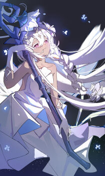 1girl absurdres bare_shoulders black_background braid collarbone colored_eyelashes commentary cookie_run cookie_run:_kingdom crown dark-skinned_female dark_skin diamond_hair_ornament dot_nose dress english_commentary expressionless fairy fairy_wings feet_out_of_frame floating_clothes floating_hair flower flower_dress gloves hair_between_eyes hair_flower hair_ornament head_tilt highres holding holding_staff humanization light_blush light_particles lily_(flower) long_dress long_hair looking_up lu_xiangu official_alternate_costume parted_lips petals pink_eyes pleated_dress simple_background single_braid solo staff strapless strapless_dress two-sided_dress two-sided_fabric very_long_hair white_dress white_flower white_gloves white_hair white_lily_cookie white_lily_cookie_(moonflower_faerie) white_wings wings