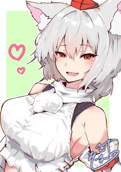 1girl absurdres animal_ear_fluff animal_ears bare_shoulders blue_sky_(user_zgac4337) blush breasts commentary_request detached_sleeves fang hair_between_eyes hat heart highres inubashiri_momiji large_breasts looking_at_viewer medium_hair parted_lips pom_pom_(clothes) red_eyes shirt signature skin_fang sleeveless sleeveless_shirt smile solo tokin_hat touhou turtleneck turtleneck_shirt upper_body white_hair white_shirt wolf_ears wolf_girl