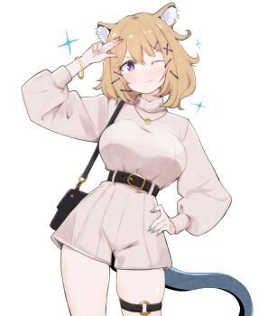 1girl ;) animal_ear_fluff animal_ears arknights arm_up bag bangle belt belt_buckle black_belt blonde_hair blue_nails blush bracelet breasts bright_pupils buckle closed_mouth commentary cowboy_shot fingernails hair_ornament hairclip hand_on_own_hip handbag heka=ton high-waist_shorts highres jewelry light_smile long_sleeves looking_at_viewer medium_breasts nail_polish necklace o-ring o-ring_thigh_strap one_eye_closed purple_eyes salute short_hair shorts simple_background smile solo sparkle standing sweater tail thigh_strap turtleneck turtleneck_sweater utage_(arknights) white_background white_pupils white_shorts white_sweater x_hair_ornament