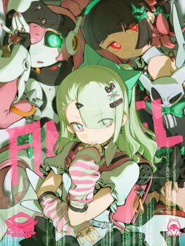 3girls arm_warmers asymmetrical_bangs backpack bag black_hair black_sclera chinatsu_remiel colored_sclera deejey0126 earrings glowing glowing_eyes gradient_eyes green_eyes green_hair hair_ornament hairpin highres humanoid_robot idol jewelry joints long_hair looking_at_viewer multicolored_eyes multicolored_hair multiple_girls multiple_hairpins pink_bag pink_hair randoseru red_eyes robot robot_girl robot_joints rokudu_sariel shirt twintails white_shirt yutane_johiel zenless_zone_zero