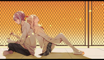 Rule 34 | 1boy, 1other, akiyama mizuki, androgynous, back-to-back, blue hair, bow, cardigan, chain-link fence, closed eyes, collared shirt, commentary, diagonal-striped bow, diagonal-striped clothes, diagonal-striped necktie, fence, from side, grey pants, hair ribbon, head on another's back, highres, holding, holding screwdriver, kamishiro rui, kamiyama high school uniform (project sekai), light particles, long sidelocks, looking up, multicolored hair, napio, necktie, on rooftop, pants, pink hair, project sekai, purple hair, red bow, red necktie, red ribbon, ribbon, school uniform, scowl, screwdriver, shirt, shoes, short hair, sidelocks, sitting, sleeves rolled up, smile, streaked hair, striped bow, striped clothes, thighhighs, uwabaki, white thighhighs