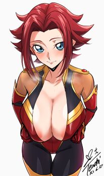 1girl absurdres areola_slip black_bodysuit blue_eyes blush bodysuit breasts breasts_squeezed_together cleavage code_geass cowboy_shot dated gloves highleg highleg_leotard highres kouzuki_kallen large_breasts leotard looking_at_viewer mecha_pilot_suit multicolored_bodysuit open_bodysuit open_clothes paid_reward_available red_bodysuit red_gloves red_hair shiny_skin short_hair_with_long_locks signature simple_background solo standing sweat thigh_gap two-tone_bodysuit white_background wide_hips yoo_tenchi