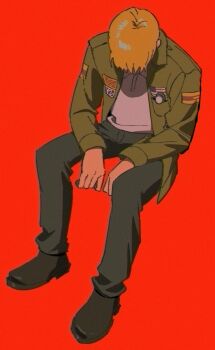 Rule 34 | 1boy, black pants, black shoes, blonde hair, collared jacket, commentary, english commentary, full body, haejeo1008, head down, highres, invisible chair, jacket, james sunderland, long sleeves, male focus, open clothes, open jacket, pants, red background, shirt, shoes, silent hill (series), silent hill 2, simple background, sitting, solo, white shirt