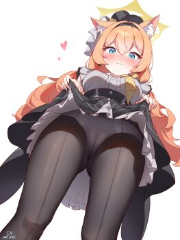 1girl :3 absurdres animal_ear_fluff animal_ears black_hairband black_hat black_pantyhose black_skirt blue_archive blue_eyes blush cameltoe cat_ears cat_girl closed_mouth clothes_lift from_below grey_shirt hairband halo hat high-waist_skirt highres long_hair looking_at_viewer mari_(blue_archive) mari_(idol)_(blue_archive) official_alternate_costume orange_hair panties panties_under_pantyhose pantyhose sanwenyu_juan_bing shirt sidelocks skirt skirt_lift sleeveless sleeveless_shirt smile underwear very_long_hair white_panties yellow_halo