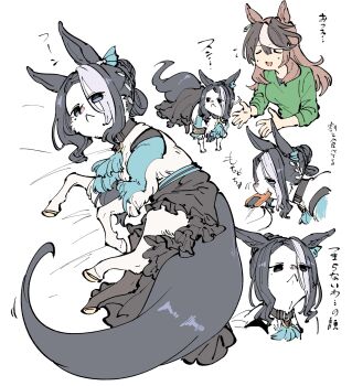 :< animal animal_ears animalization aqua_ascot ascot black_hair blue_ascot braid braided_bun brown_hair casual closed_eyes closed_mouth clothed_animal commentary_request earrings green_shirt green_sweater hair_bun highres horse_ears horse_girl horse_tail jewelry long_hair long_sleeves mejiro_ramonu_(onyx_line)_(umamusume) mejiro_ramonu_(umamusume) mole mole_under_eye mouth_hold multicolored_hair open_mouth shirt single_earring streaked_hair striped_hair sweat sweater symboli_rudolf_(casual)_(umamusume) symboli_rudolf_(umamusume) tail takatsuki_nato two-tone_hair umamusume white_hair