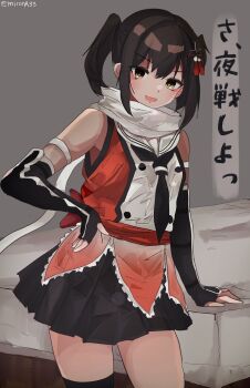 1girl alternate_hairstyle bed black_gloves black_hair black_neckerchief black_skirt brown_eyes buttons commentary_request cowboy_shot double-breasted elbow_gloves gauntlets gloves highres kantai_collection miron_(mirona33) neckerchief orange_shirt pleated_skirt sailor_collar scarf school_uniform sendai_(kancolle) sendai_kai_ni_(kancolle) serafuku shirt short_hair skirt sleeveless sleeveless_shirt solo translation_request twintails white_sailor_collar white_scarf