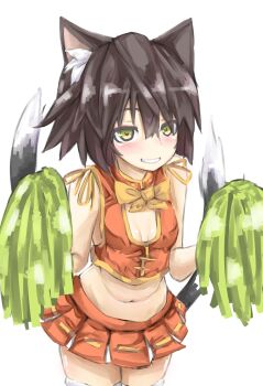 Rule 34 | 1girl, alternate costume, alternate eye color, animal ears, bad id, bad twitter id, bare shoulders, blush, breasts, brown hair, cat ears, cat tail, cheerleader, chen, crop top, eyes visible through hair, female focus, grin, highres, looking at viewer, masuo, midriff, miniskirt, pleated skirt, pom pom (cheerleading), short hair, simple background, sketch, skirt, small breasts, smile, solo, tail, thighhighs, touhou, yellow eyes